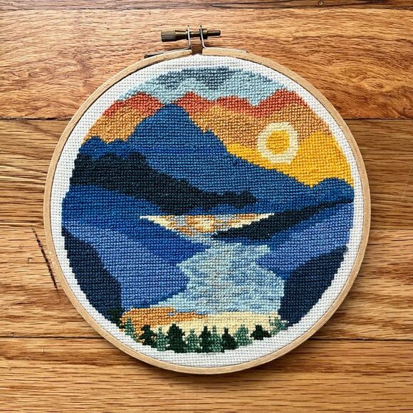 Colorful Mountain Landscape Embroidery Hoop Art - Picture 2 of 5